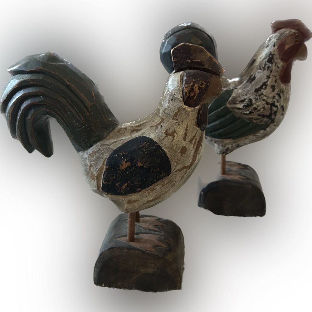 Vintage large Wood Carved Rooster & Chicken Farmhouse Home Decor 11” cottagecore